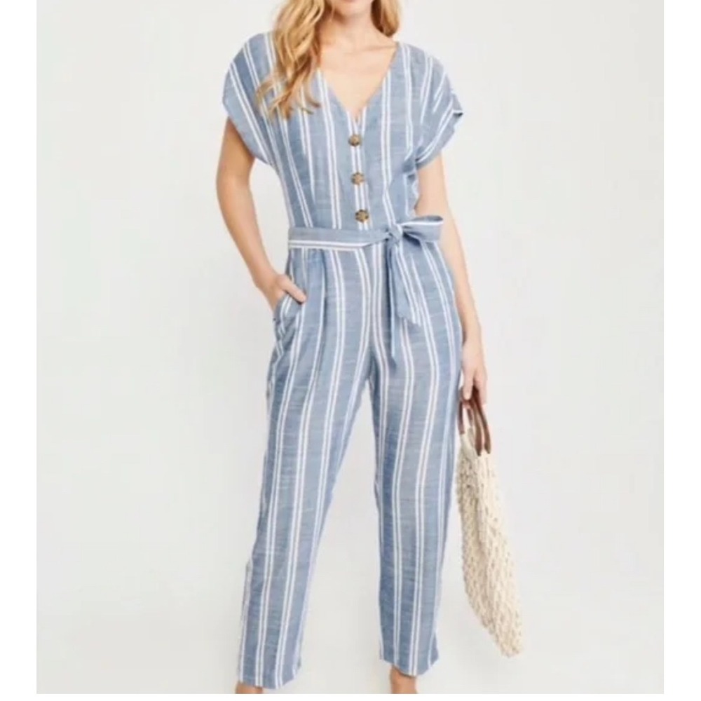 Abercrombie & Fitch Blue White Stripe V-Neck Jumpsuit S-Sleeve Viscose Small EUC